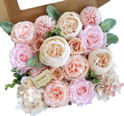 FACINOC Peonies Artificial Flowers Pink Silk Roses Bulk for DIY Wedding Bouquet Bridal Shower Decorations Fake Floral Arrangements Party Table Centerpieces Home Decor Indoor Blush Peach Box 20pcs