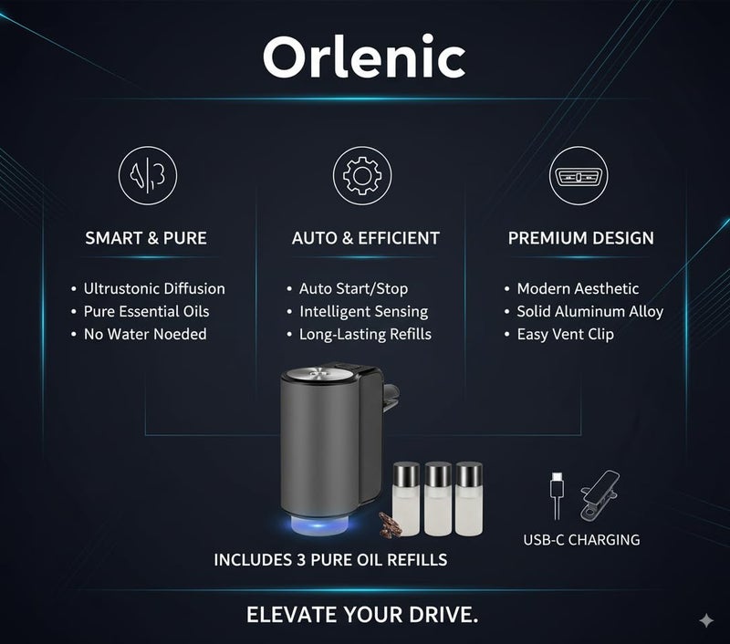 Orlenic Smart Car Diffuser Air Freshener with 3 Adjustable Fragrance Levels, Rechargeable Automatic Aromatherapy Vent Clip, Ultrasonic Mist, Includes 3 Natural Perfume Bottles for Vehicles - Image 5