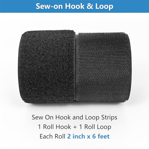 Matenf Sew On Hook and Loop Strips, 2 Inch Wide, Easy to Sew, Excellent Grip, Non-Adhesive, Interlocking Tape, Hook & Loop Tape for Clothing Sewing Crafts and DIY Projects, Each Roll 2'' x 6', Black - Image 2