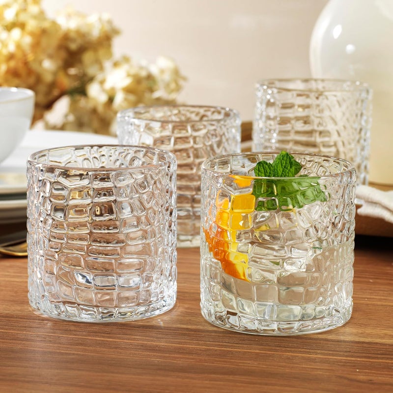 Glaver's DOF Set of 4 Clear 13oz Drinking Glasses Crackle Textured Design Double Old Fashioned Whiskey Glasses Home Everyday Bar Glassware - Image 4