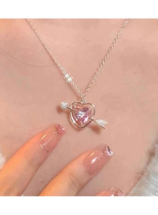 Goolsky Pink Heart Gemstone Arrow Necklace for Women – Elegant Small-Brand Pendant, Minimalist Luxury Collarbone Chain, Romantic Gift - Image 1