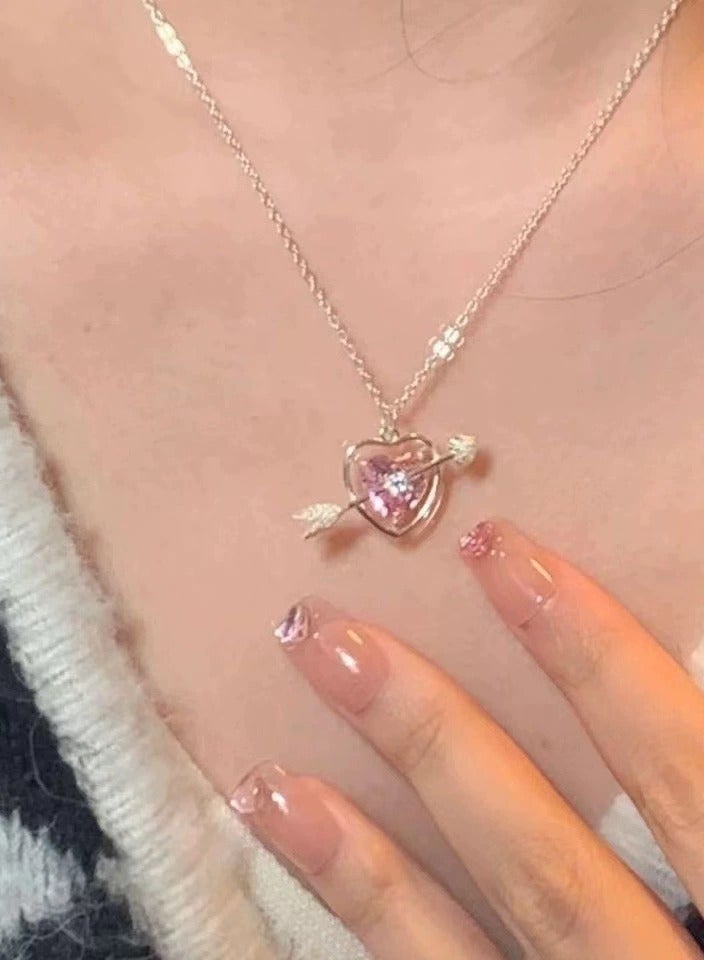 Goolsky Pink Heart Gemstone Arrow Necklace for Women – Elegant Small-Brand Pendant, Minimalist Luxury Collarbone Chain, Romantic Gift - Image 2