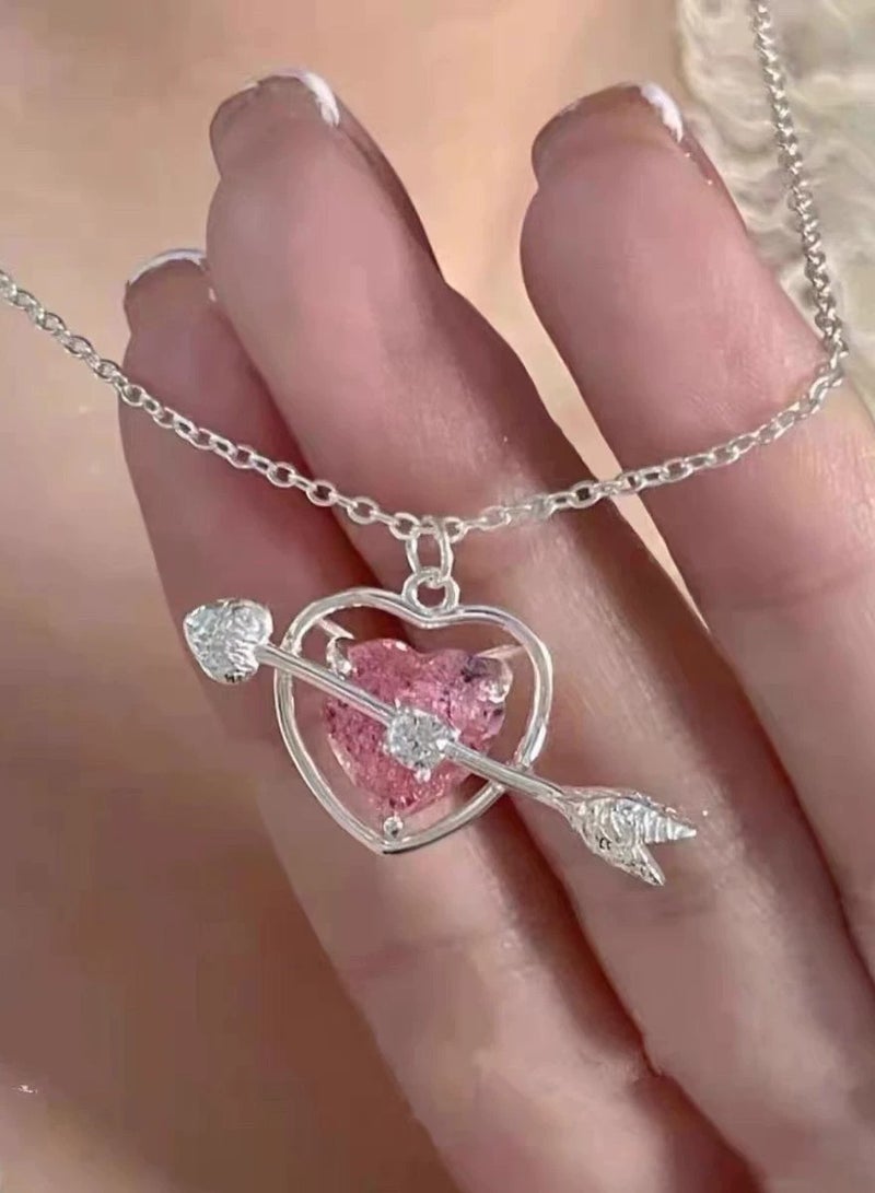 Goolsky Pink Heart Gemstone Arrow Necklace for Women – Elegant Small-Brand Pendant, Minimalist Luxury Collarbone Chain, Romantic Gift - Image 3