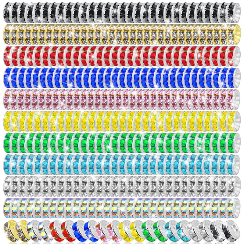 Cludoo 1200 pcs Rondelle Spacer Beads for Jewelry Making 8mm Rhinestone Spacer Beads 10 Colors Crystal Beads Spacers for Jewellery Making Bracelet Necklaces DIY Craft