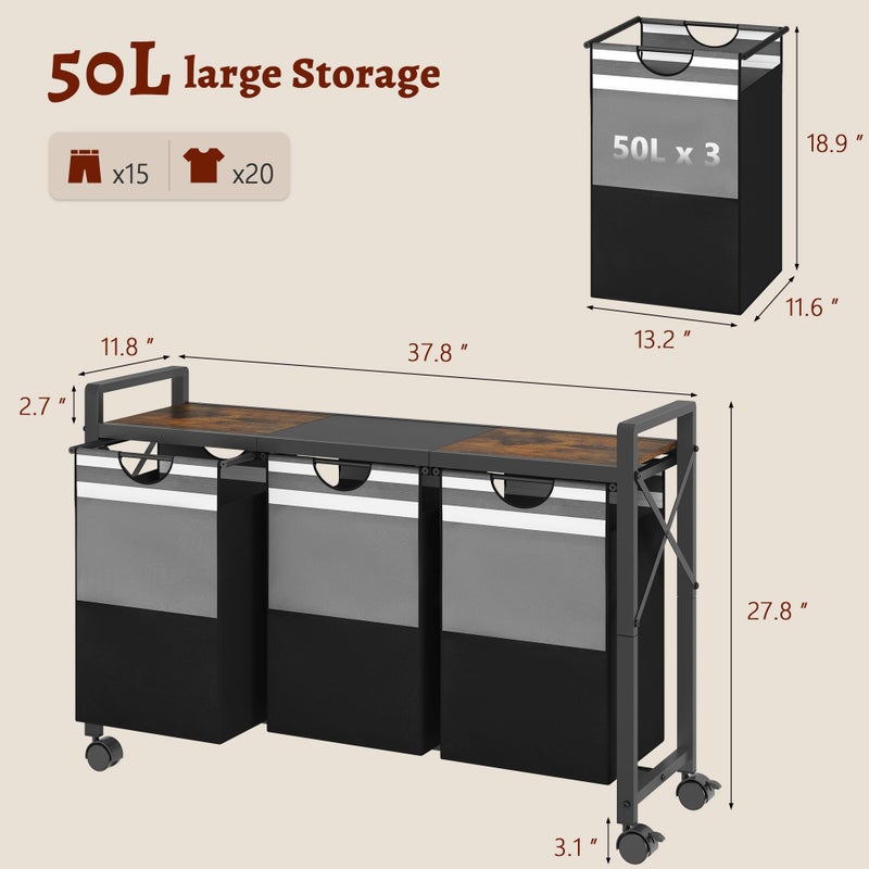 FAVOOSTY Laundry Sorter with Shelf,Laundry Basket Organizer,Laundry Hamper with Shelf, 3 Ã—11 Galï¼ˆ50Lï¼‰3 Section Laundry Sorter with Pull-Out Removable Oxford Fabric Bags and Movable Wheels Grey Black - Image 3