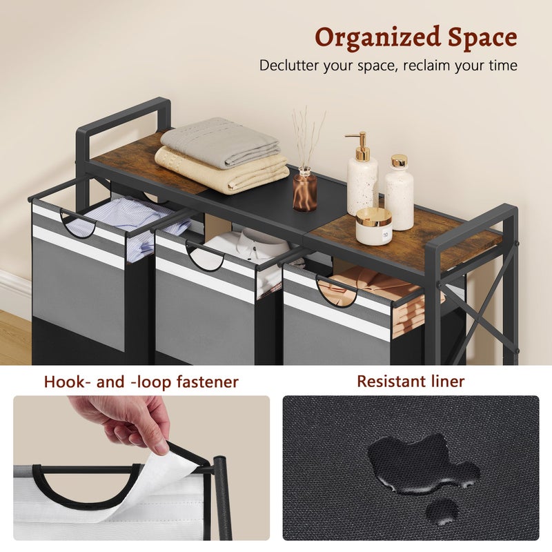 FAVOOSTY Laundry Sorter with Shelf,Laundry Basket Organizer,Laundry Hamper with Shelf, 3 Ã—11 Galï¼ˆ50Lï¼‰3 Section Laundry Sorter with Pull-Out Removable Oxford Fabric Bags and Movable Wheels Grey Black - Image 4