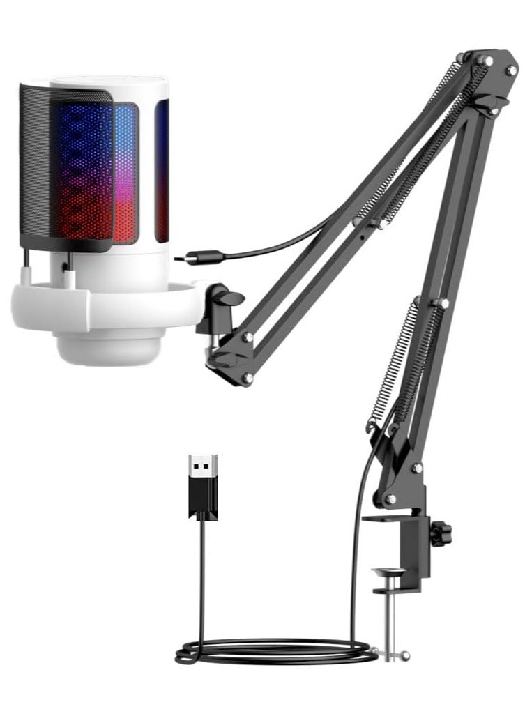 FH  Gaming PC USB Microphone,Podcast Condenser Mic with Boom Arm,Pop Filter,Mute on for Streaming,Online Chat, RGB Computer Mic for PS4/5 PC Gamer Youtuber (White) - Image 1