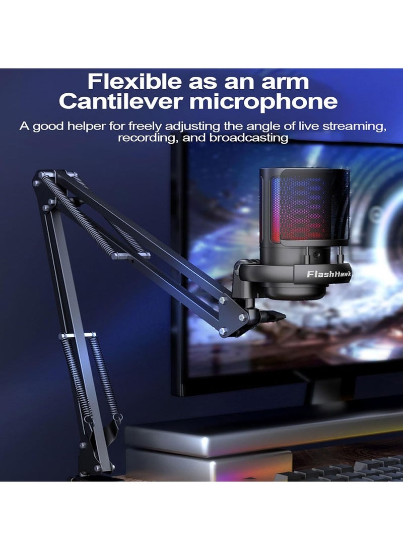 FH  Gaming PC USB Microphone,Podcast Condenser Mic with Boom Arm,Pop Filter,Mute on for Streaming,Online Chat, RGB Computer Mic for PS4/5 PC Gamer Youtuber (White) - Image 2