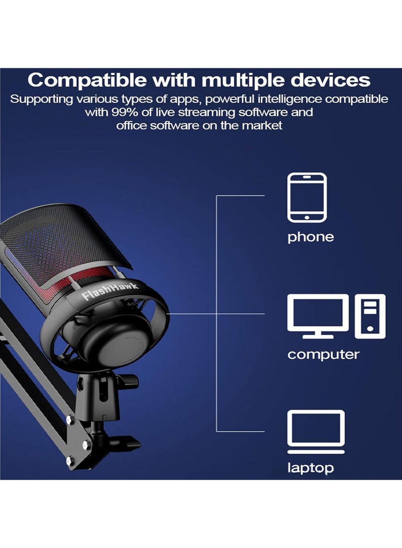 FH  Gaming PC USB Microphone,Podcast Condenser Mic with Boom Arm,Pop Filter,Mute on for Streaming,Online Chat, RGB Computer Mic for PS4/5 PC Gamer Youtuber (White) - Image 5