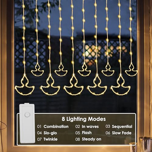 Gesto 10 Diya Curtain Lights – 111 SMD LED Warm White Fairy Lights with 8 Flashing Modes | AC Powered Diya Lights for Home,Balcony,Mandir, Pooja Room,Wedding,Diwali Decoration & Festival Decor (11 Ft) - Image 4