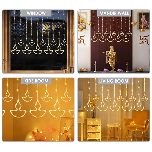 Gesto 10 Diya Curtain Lights – 111 SMD LED Warm White Fairy Lights with 8 Flashing Modes | AC Powered Diya Lights for Home,Balcony,Mandir, Pooja Room,Wedding,Diwali Decoration & Festival Decor (11 Ft) - Image 5