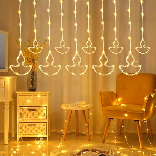 Gesto 10 Diya Curtain Lights – 111 SMD LED Warm White Fairy Lights with 8 Flashing Modes | AC Powered Diya Lights for Home,Balcony,Mandir, Pooja Room,Wedding,Diwali Decoration & Festival Decor (11 Ft) - Image 1