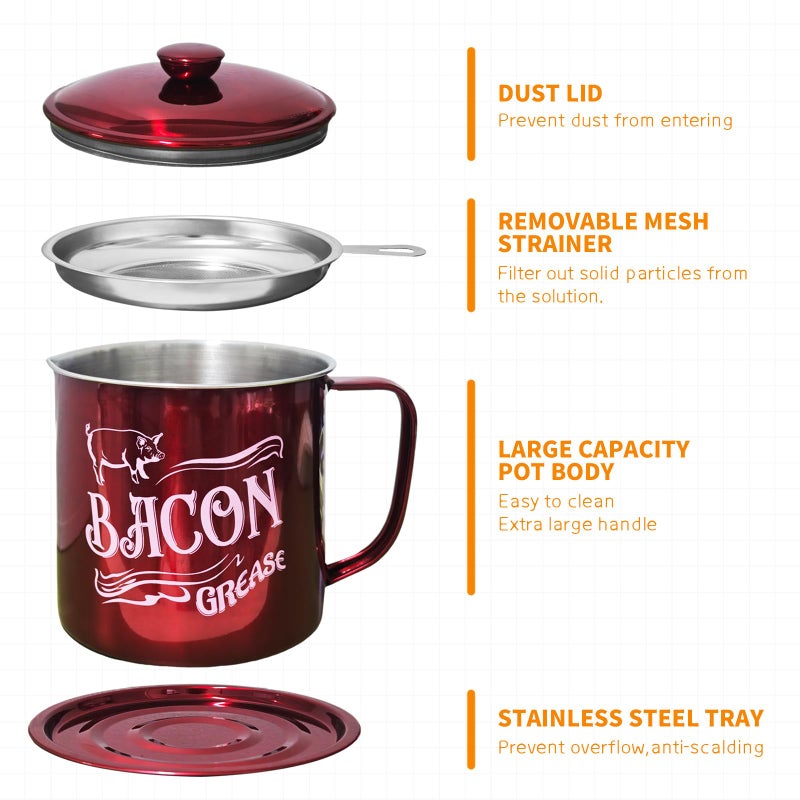 QMET 1.3L Bacon Grease Saver Container with Fine Mesh Strainer,Stainless Steel Oil Keeper Can for Bacon,46oz Large Rustic Farmhouse Fat Container, Keeper, Recipes, Dishwasher Safe (Red) - Image 4
