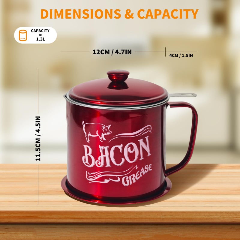 QMET 1.3L Bacon Grease Saver Container with Fine Mesh Strainer,Stainless Steel Oil Keeper Can for Bacon,46oz Large Rustic Farmhouse Fat Container, Keeper, Recipes, Dishwasher Safe (Red) - Image 2