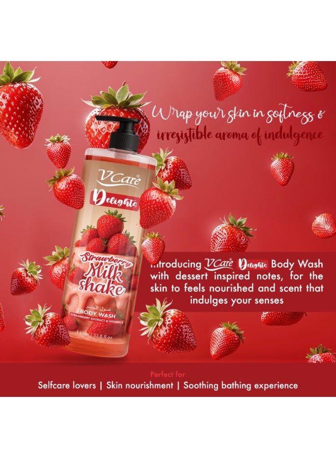 VCare V Care Delight Strawberry Milkshake Body Wash 1L - Gourmand Fragrance, Deep Cleansing & Moisturizing, Rich Lather Non-Drying Formula - Image 3