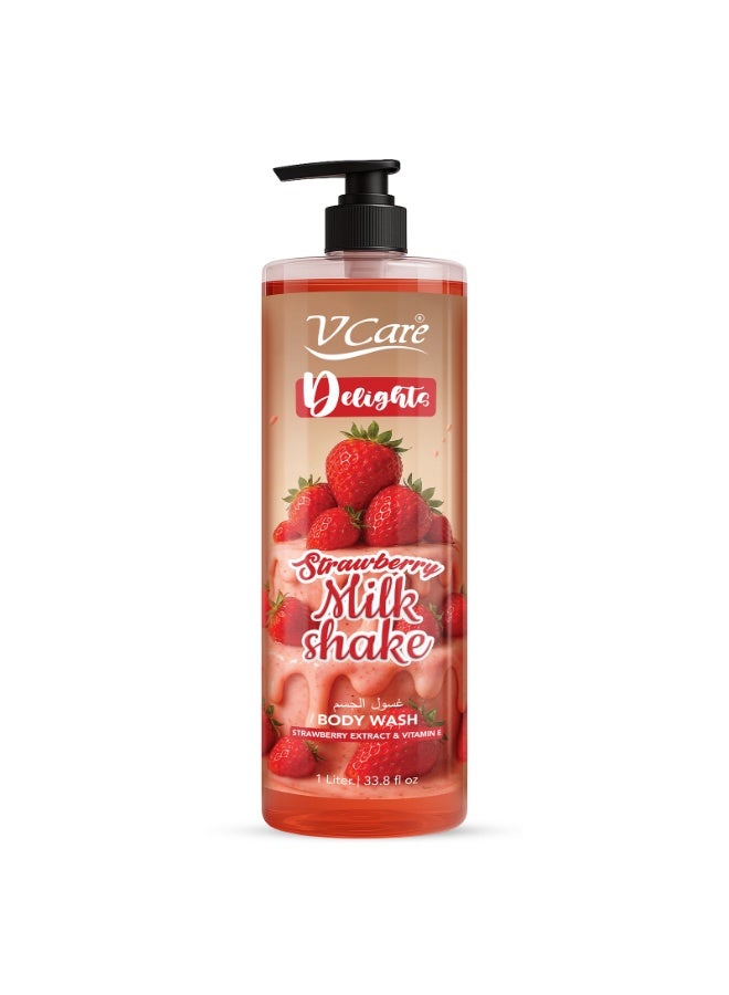 VCare V Care Delight Strawberry Milkshake Body Wash 1L - Gourmand Fragrance, Deep Cleansing & Moisturizing, Rich Lather Non-Drying Formula - Image 1