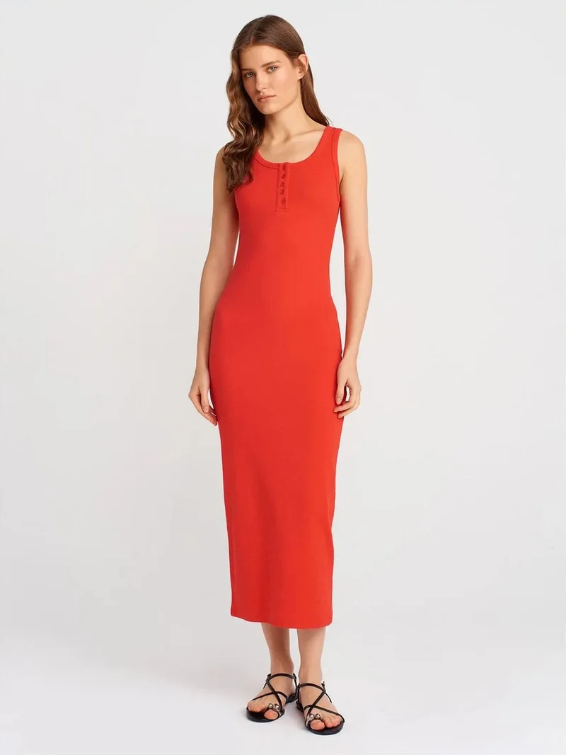 ديلفين DILVIN Ribbed Midi Bodycon Dress With Buttons