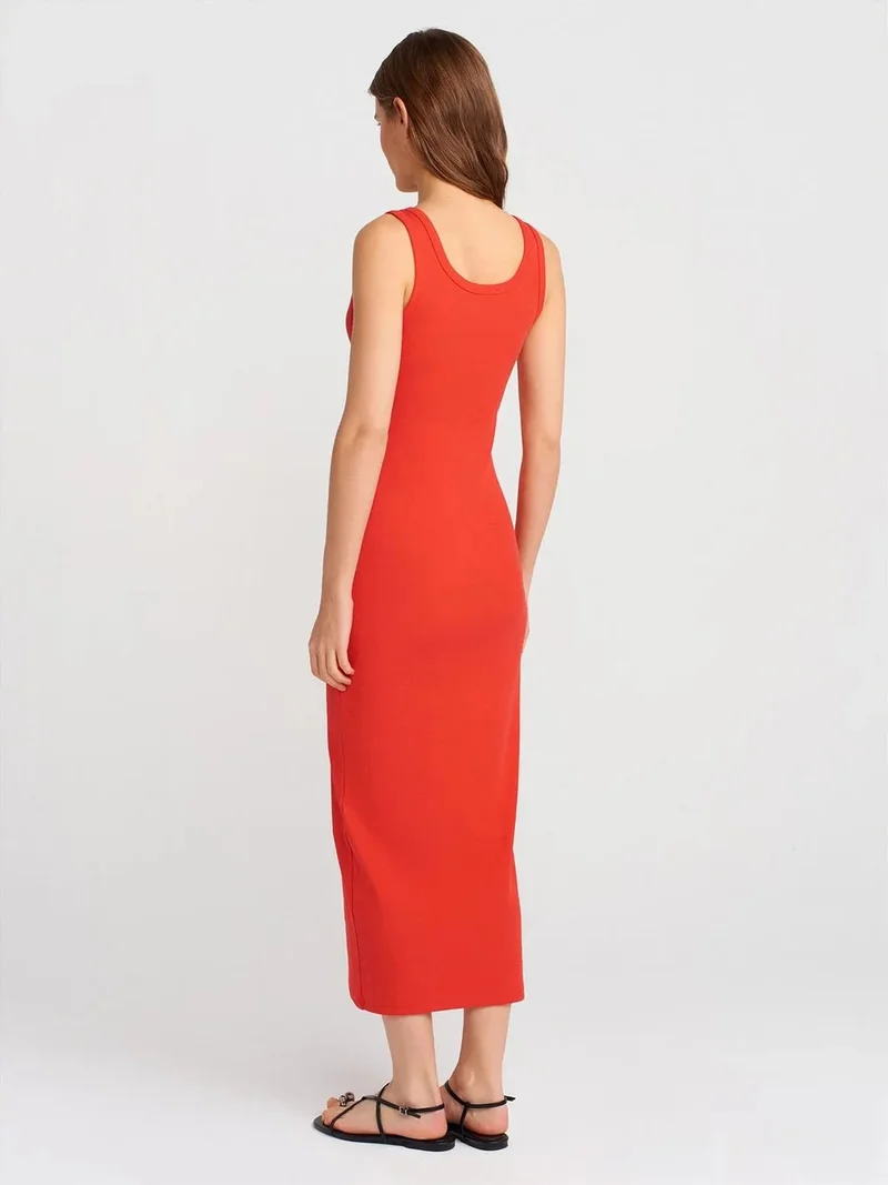 ديلفين DILVIN Ribbed Midi Bodycon Dress With Buttons