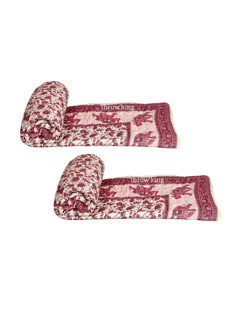 THROW KING THROW KING Jaipuri RajaiRazai Shade Single Bed Pure Cotton Jaipuri RazaiRajaiQuiltBlanketDohar55X85 inch Set of 2  - Image 2