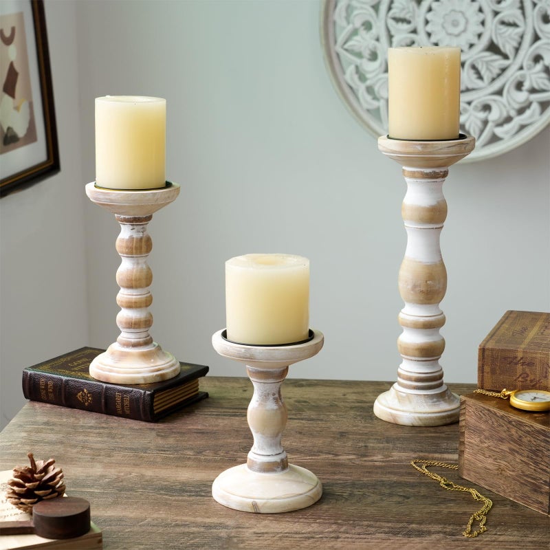 Wood Candle Holders for Pillar Candles  Tall Rustic Candle Holder Set of 3 Large Farmhouse Candle Holders Candle Stand Pillar Candle Holder Set for Table Centerpiece Fireplace Home White