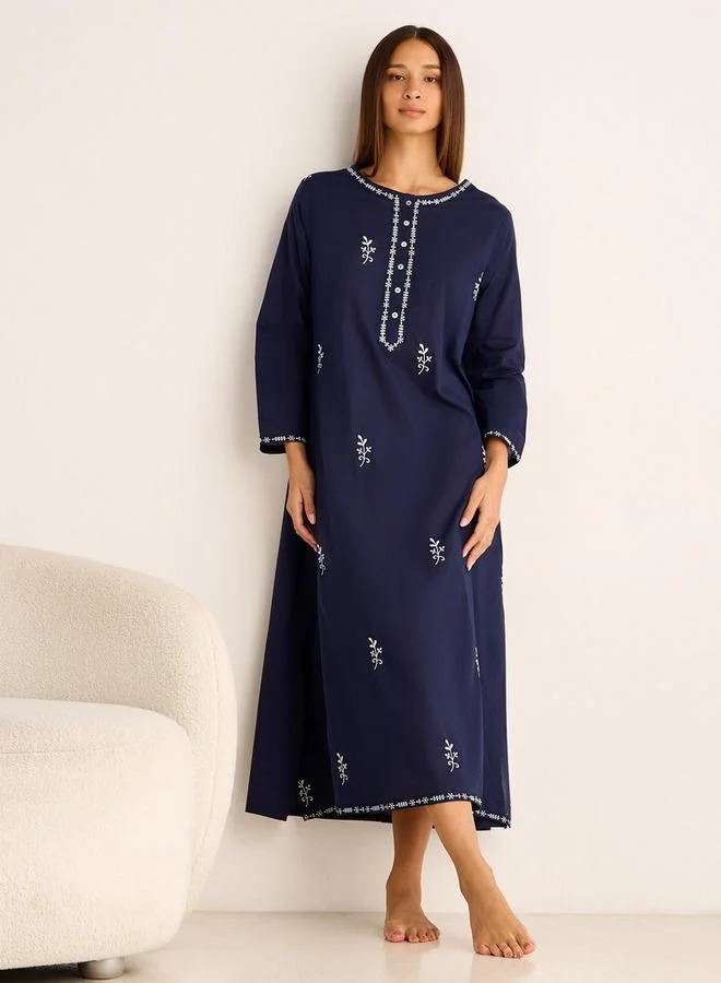 Splash FAV Night Gown Long Sleeves Floral Embroidery Cotton
