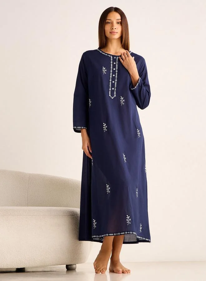 Splash FAV Night Gown Long Sleeves Floral Embroidery Cotton