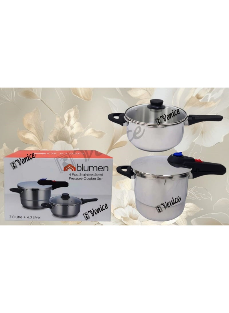 Blumen 4-Piece Stainless Steel 18/10 Pressure Cooker Set 7L & 4L Capacity I High-Quality Cooking Essentials