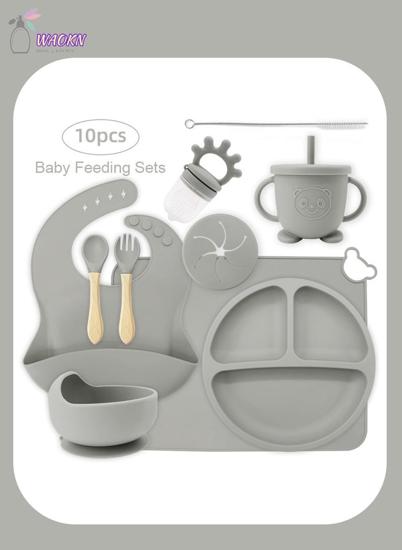 WAOKN 10 Pcs Baby Silicone Tableware Set Special For Infants To Eat Their Own Training Tableware Set Including Complementary Food Bowl Sippy Cup Dinner Plate Bib Fork And Spoon(Smoke Gray) 