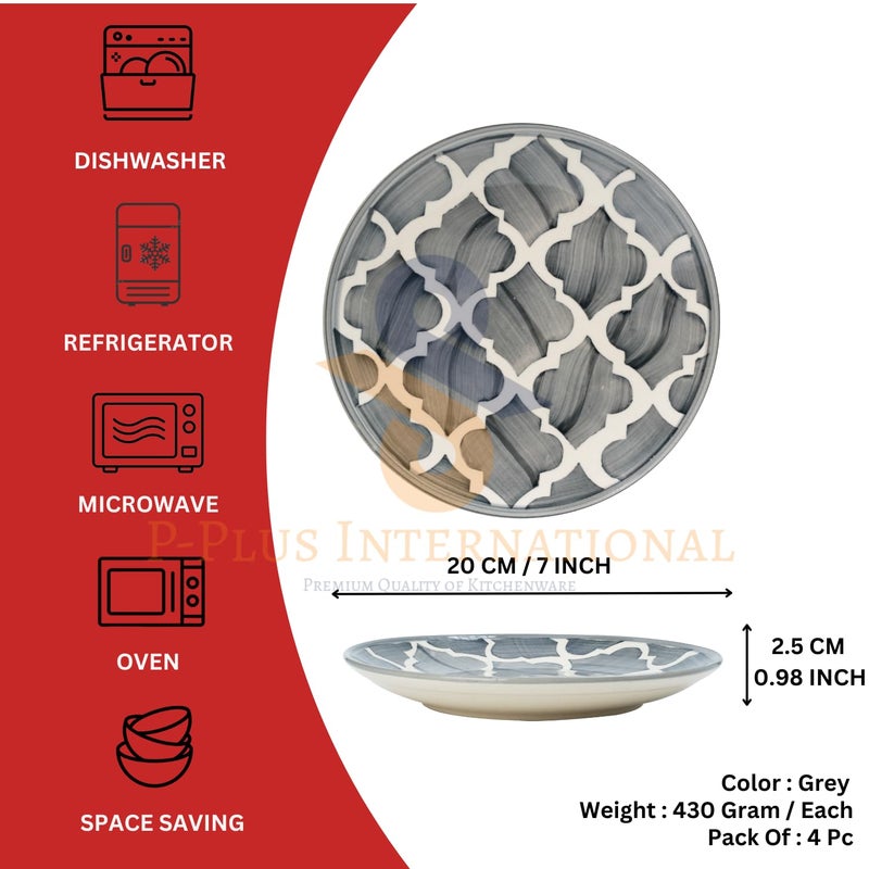 P-Plus International P-PLUS INTERNATIONAL Hand Painted Round Serving Dish | Ceramic Kitchen Accessory | Serving Plates for Salad, Pasta, Cake, Snacks | 8 Inch 20.5 CM | Microwave Safe (Grey, Set of 4) - Image 2