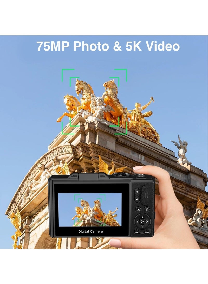 Makrystorm 75MP Digital Camera for Photography and Video, 5K Vlogging Camera for YouTube with 3'' Flip Screen, 18X Digital Zoom Digital Camera for Gift, Compact Anti Shake Vlogging Camera for Live Streaming Travel Photography, with 128GB SD Card - Image 3