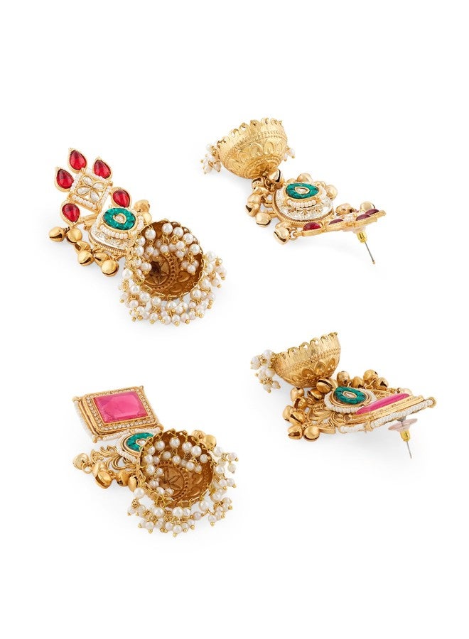Zaveri Pearls Combo of 2 Multicolor Stones & Ghungroo Embellished Statement Jhumka Earrings For Women-ZPFK22077 - Image 5
