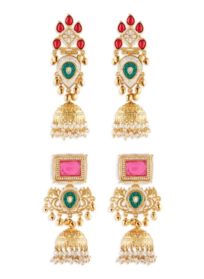 Zaveri Pearls Combo of 2 Multicolor Stones & Ghungroo Embellished Statement Jhumka Earrings For Women-ZPFK22077 - Image 1