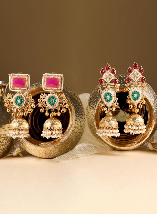 Zaveri Pearls Combo of 2 Multicolor Stones & Ghungroo Embellished Statement Jhumka Earrings For Women-ZPFK22077 - Image 2