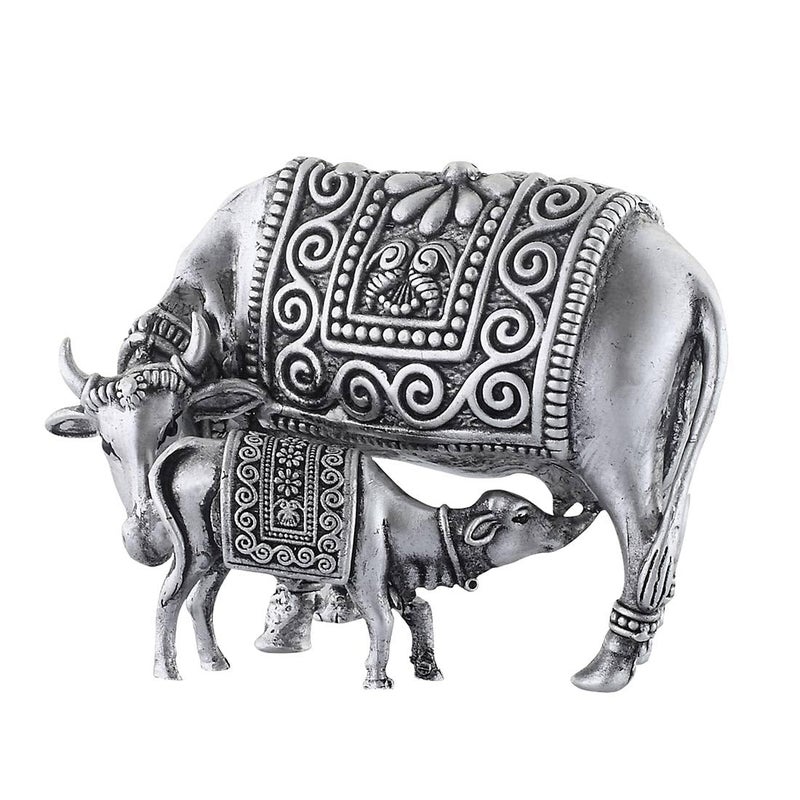PRD CARATCAFE Silver 925 Statue Kamdhenu Cow Calf IdolHallmark Certified for Pooja Temple Good Luck Gift Home Decor Figurine for Home Office Decor 180 x 140 Inches - Image 1