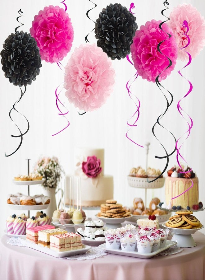 ANSOMO Pink and Black Happy Birthday Party Decorations for Girls Women Banner Hot Pink Balloons Pom Poms Swirls Décor Supplies 13th 16th 18th 20th 30th 40th 50th 60th 70th 80th - Image 3