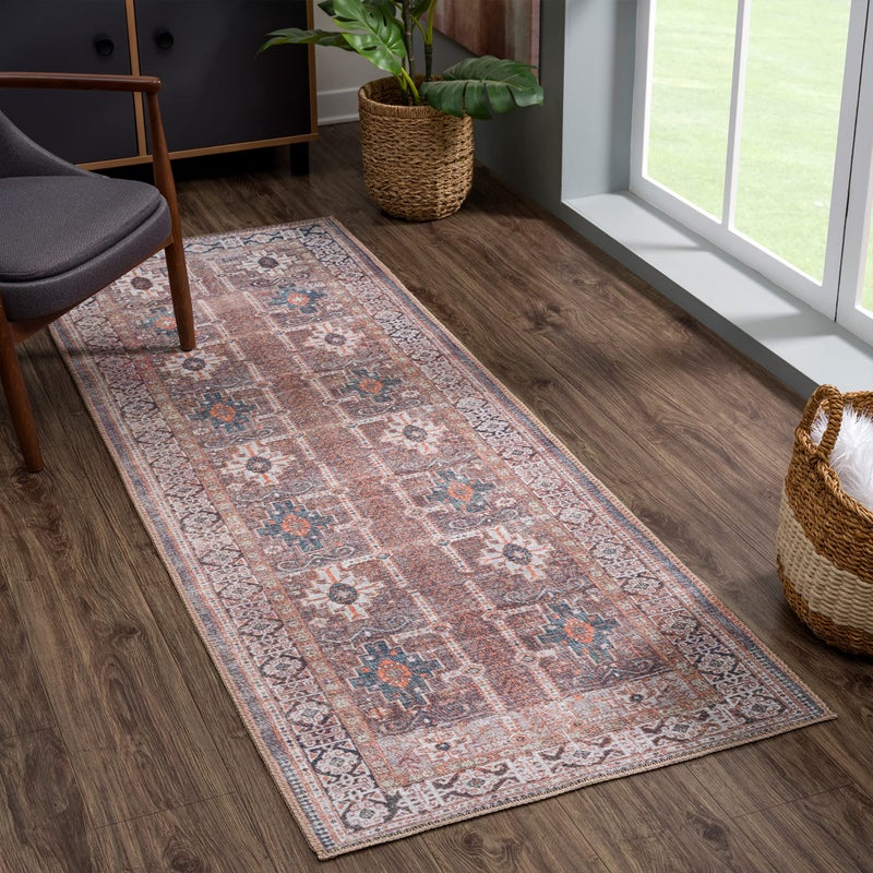 Bloom Rugs بلوم سجاد قابلة للغسل 10 قدم عداء - عداء بني/أزرق/برتقالي للدخول إلى حمام ومطبخ المدخل - الحجم الدقيق: 2.5 "× 10"  - Image 1