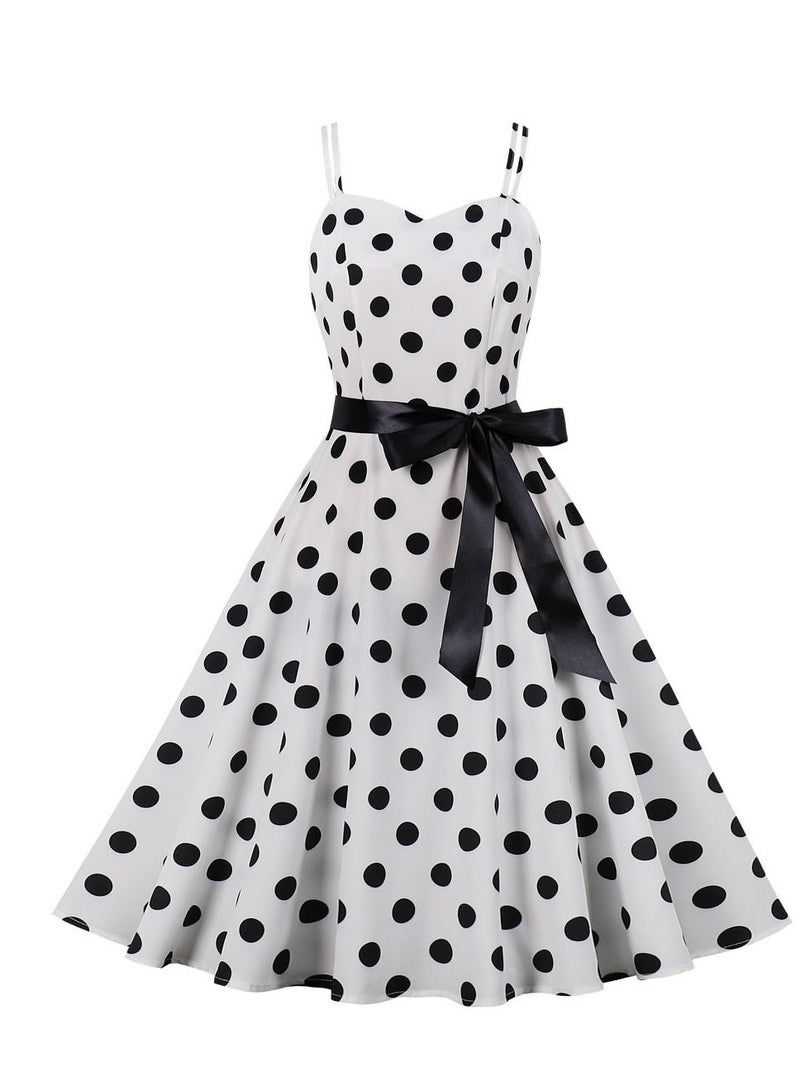 Loquat Vintage Large Hem Lace Up Polka Dot Printed Strap White  - Image 1