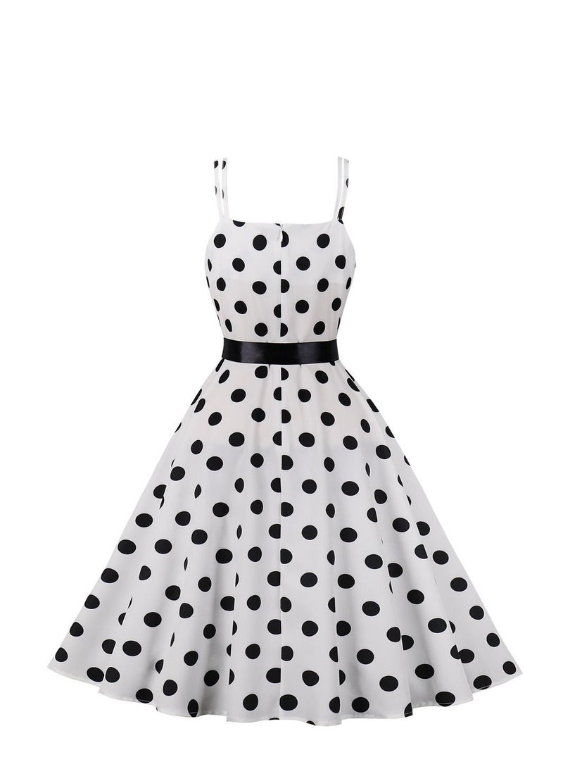 Loquat Vintage Large Hem Lace Up Polka Dot Printed Strap White  - Image 2