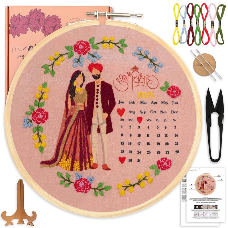 picknMAKE DIY Hand Embroidery Kit for Beginners Adults & Kids | Shubh Vivah Theme with Printed Fabric, Calendar Design, Threads, Frame & Tools | Embroidery Kit Set – All Materials Included - Image 1