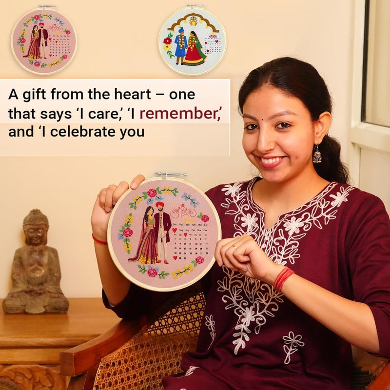 picknMAKE DIY Hand Embroidery Kit for Beginners Adults & Kids | Shubh Vivah Theme with Printed Fabric, Calendar Design, Threads, Frame & Tools | Embroidery Kit Set – All Materials Included - Image 5
