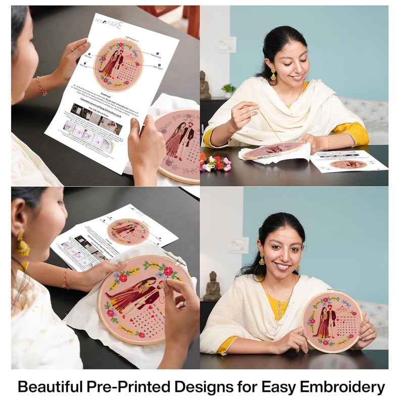 picknMAKE DIY Hand Embroidery Kit for Beginners Adults & Kids | Shubh Vivah Theme with Printed Fabric, Calendar Design, Threads, Frame & Tools | Embroidery Kit Set – All Materials Included - Image 3