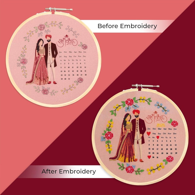 picknMAKE DIY Hand Embroidery Kit for Beginners Adults & Kids | Shubh Vivah Theme with Printed Fabric, Calendar Design, Threads, Frame & Tools | Embroidery Kit Set – All Materials Included - Image 4