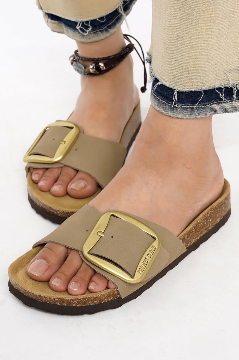Project Cloud 100% Genuine Leather Sandals Women Dressy Beach Essentials Slides for Women Footwear-Lightweight with Memory Foam Insole Sandals for Women 2026-Womens Slides (Mykonos, Beige, 6) - Image 3