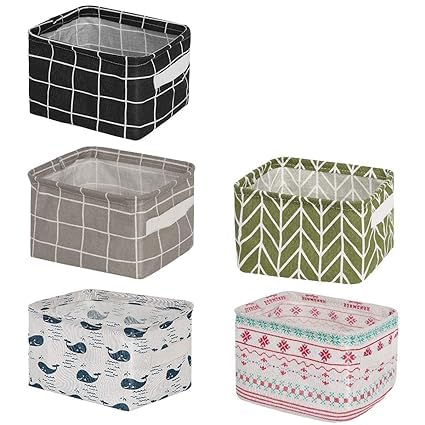 Dyzeko Foldable Mini Square Storage Basket Set Of 5 Small Collapsible Canvas Containers Organizers With HandleCotton BlackWhiteGreyBlueGreenMulticolor - Image 1