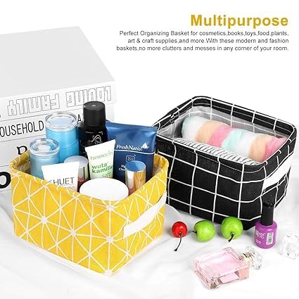 Dyzeko Foldable Mini Square Storage Basket Set Of 5 Small Collapsible Canvas Containers Organizers With HandleCotton BlackWhiteGreyBlueGreenMulticolor - Image 5