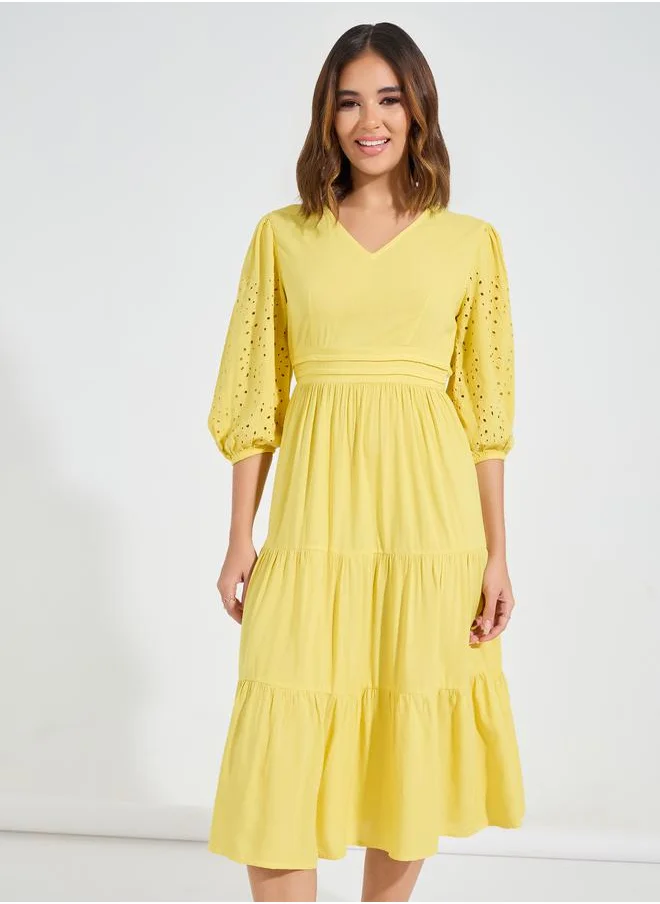 Styli Schiffli Detail Tiered Midi Dress with 3/4 Sleeves