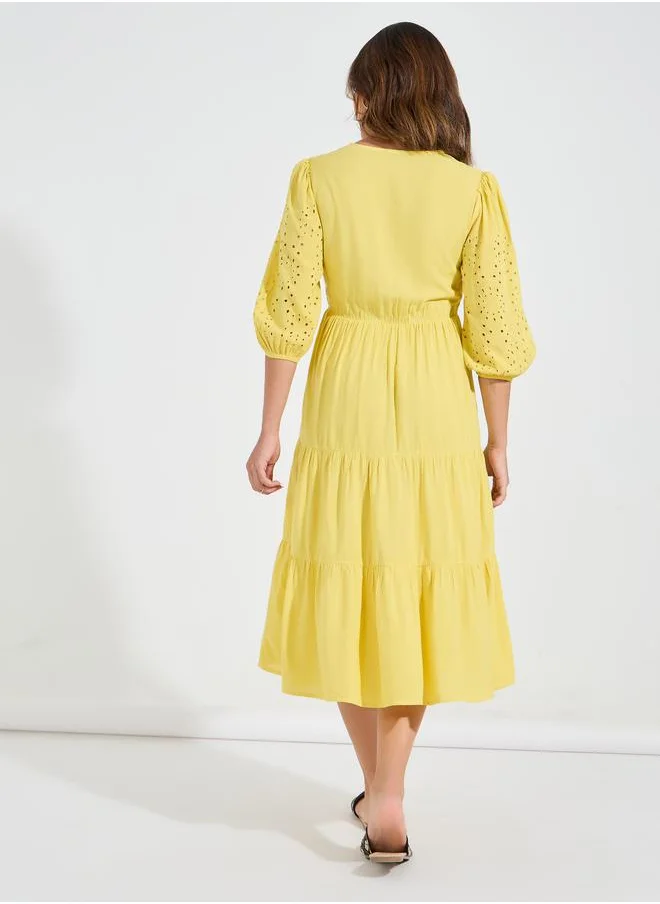 Styli Schiffli Detail Tiered Midi Dress with 3/4 Sleeves