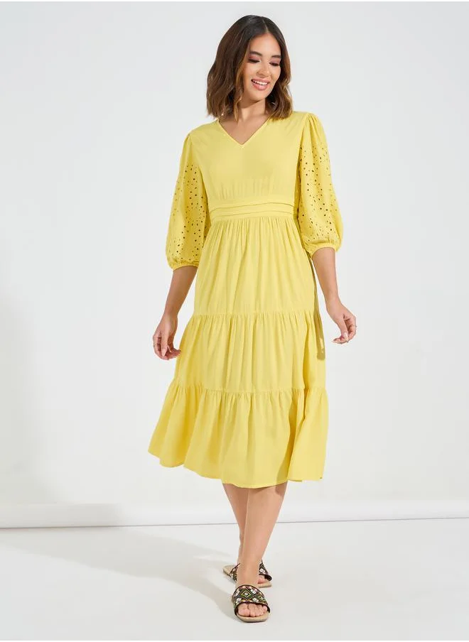 Styli Schiffli Detail Tiered Midi Dress with 3/4 Sleeves