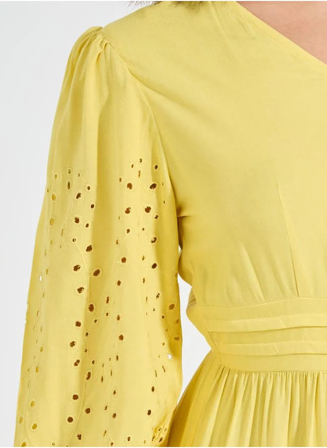Styli Schiffli Detail Tiered Midi Dress with 3/4 Sleeves