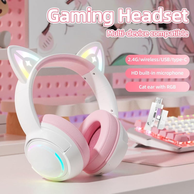 Azonee سماعات رأس لاسلكية على شكل أذن قطة مع أضواء RGB – سماعة ألعاب ثلاثية الوضع من (لاسلكي 2.4G، بلوتوث وسلكي)، مشغلات 50 مم، زمن استجابة منخفض، فوق الأذن، Type-C، وقت تشغيل طويل، وردي - Image 2